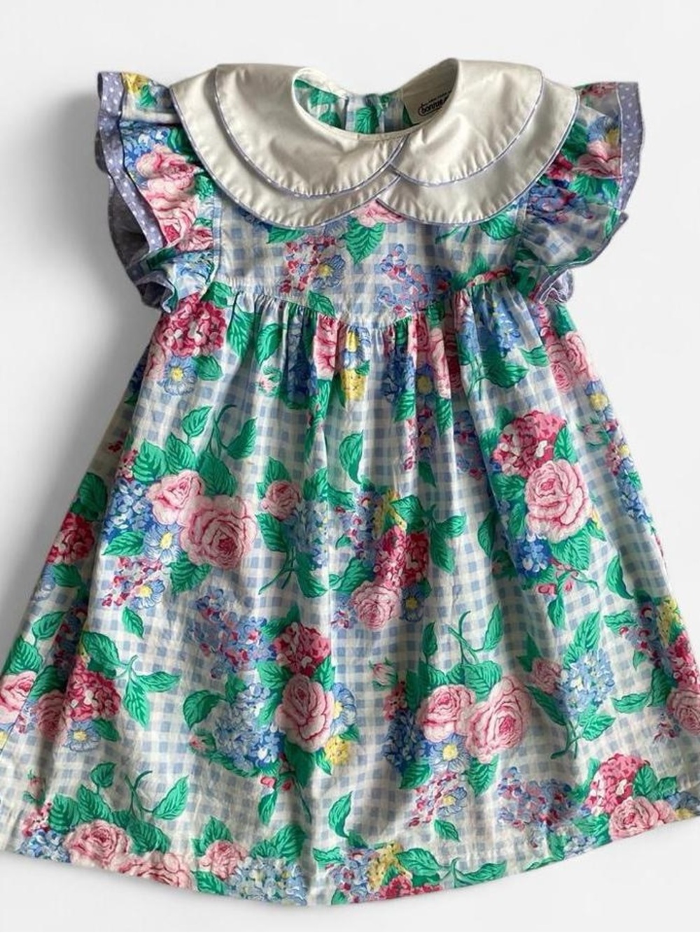 Vintage girls blue plaid floral collared dress
